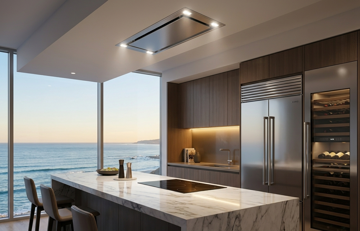Range hood sones guide featuring the VICTORY Sunset flush ceiling range hood above a modern island cooktop at sunset