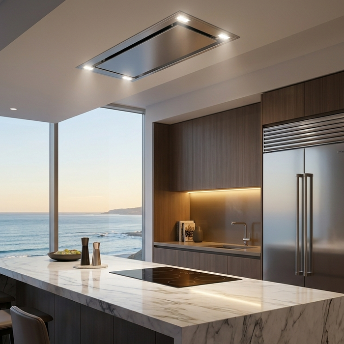 Range hood sones guide featuring the VICTORY Sunset flush ceiling range hood above a modern island cooktop at sunset
