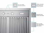 VICTORY Twister features overview showing mechanical rotary switches, dimmable LED lights, and 304 stainless steel baffle filters