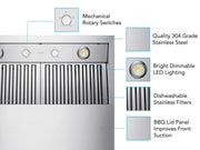 Close-up of the 36 Inch 1200 CFM Outdoor Range Hood showing stainless steel build, rotary control knobs, and front-facing vent area designed for BBQ use