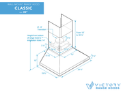 VICTORY Classic wall mount range hood dimensions diagram with 6 inch transition and chimney height