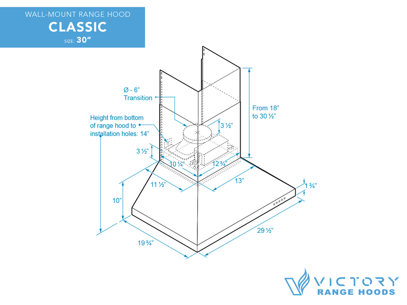VICTORY Classic wall mount range hood dimensions diagram with 6 inch transition and chimney height