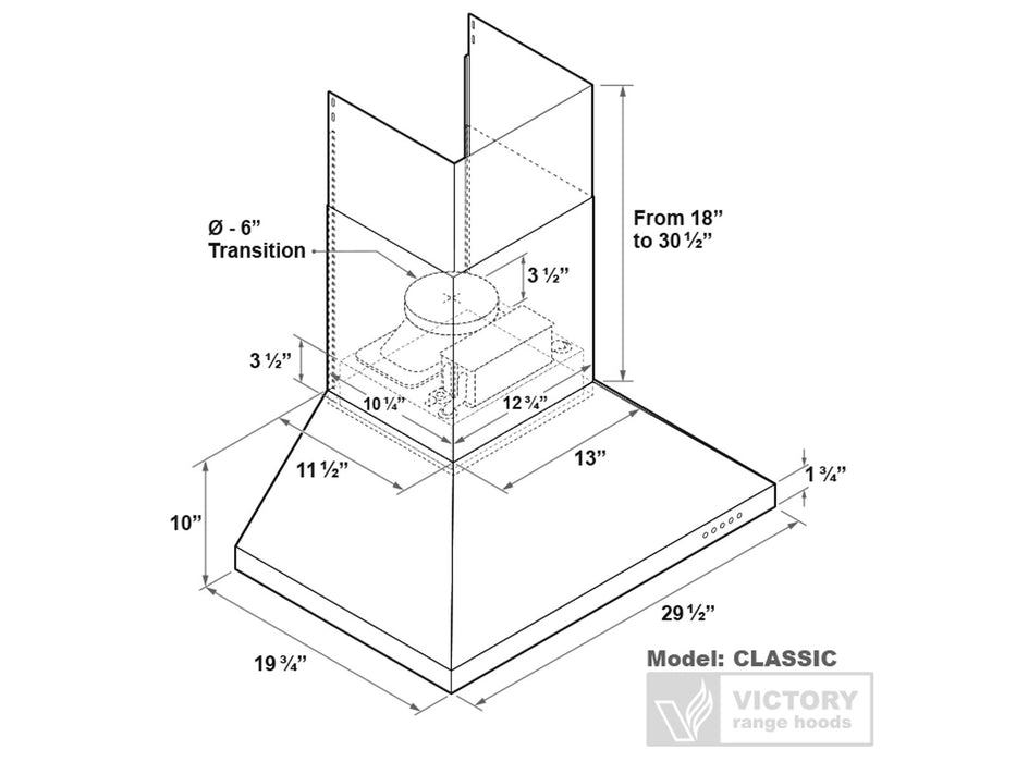 30 Inch 600 CFM Wall Mount Range Hood - VICTORY Classic