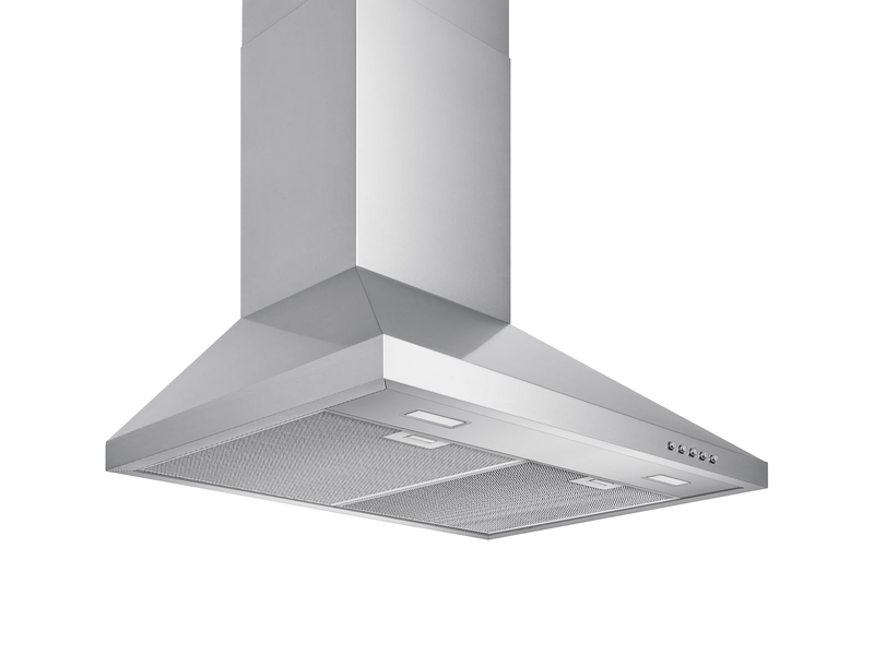 30 Inch 600 CFM Wall Mount Range Hood with stainless chimney, mesh filters, LED lights, and push buttons