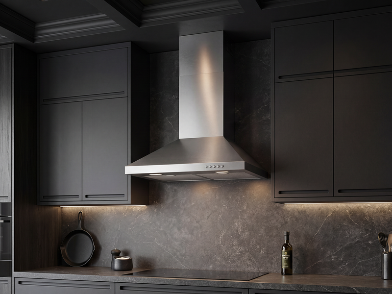 30 Inch 600 CFM Wall Mount Range Hood installed in a dark modern kitchen with stainless chimney