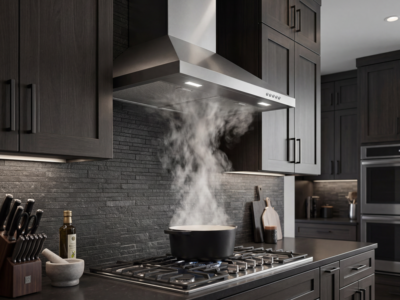VICTORY Classic 30 Inch 600 CFM Wall Mount Range Hood above gas cooktop with steam and LED lights