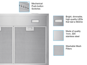 VICTORY Classic feature graphic showing push-button controls, LED light, stainless steel, and mesh filters
