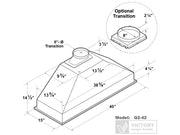 Technical dimensions diagram for the Q2-42 range hood insert, specifying precise width, depth, and 6-inch to 8-inch duct transition measurements
