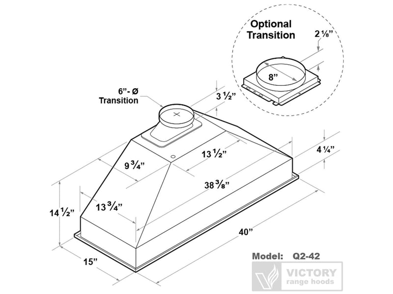 Technical dimensions diagram for the Q2-42 range hood insert, specifying precise width, depth, and 6-inch to 8-inch duct transition measurements