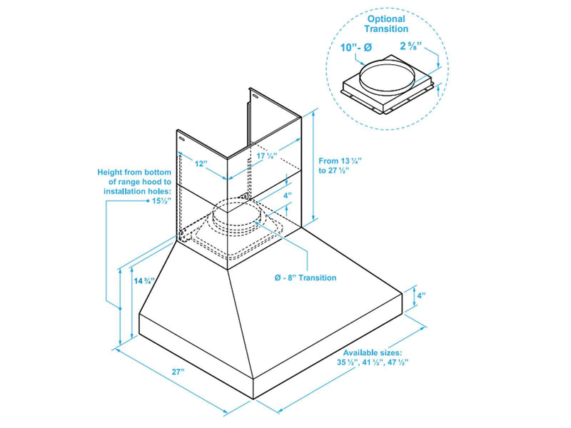 Technical dimensions diagram for the Victory BBQ hood showing the 27-inch deep capture area and 8-inch to 10-inch duct transition options