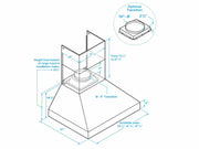 Dimensional blueprint of an outdoor BBQ range hood showing depth, chimney height, and 8 to 10 inch ducting transitions