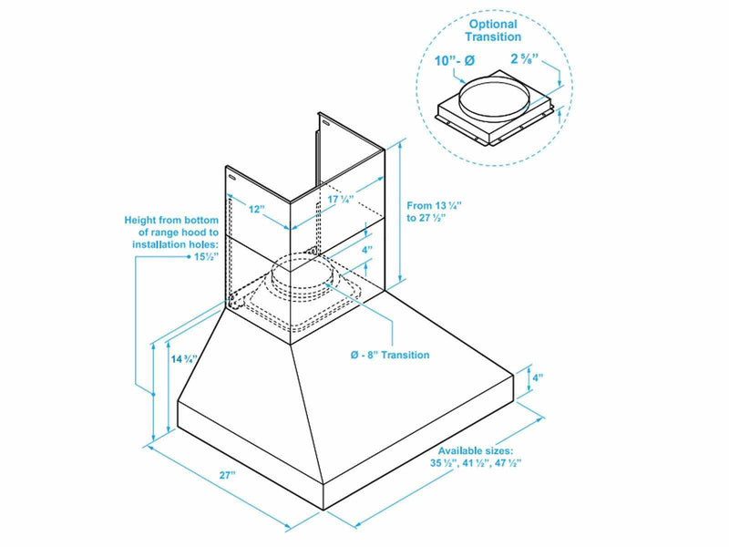 Dimensional blueprint of an outdoor BBQ range hood showing depth, chimney height, and 8 to 10 inch ducting transitions