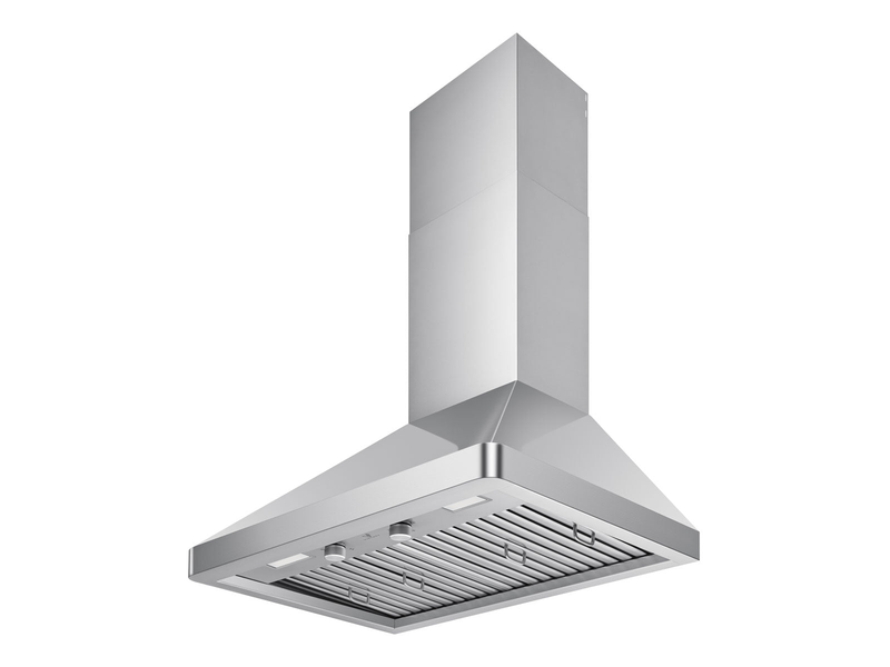 VICTORY Elegant 30 Inch Wall Mounted Range Hood underside with stainless baffle filters, rotary controls, and LED lights