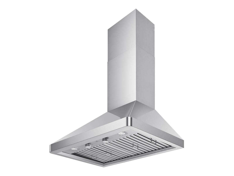 Side-angle view of the premium chimney stack and stainless steel underside, highlighting the recessed mechanical rotary knobs and heavy-duty baffle filters