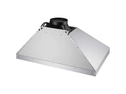 Rear view of the VICTORY Elegant range hood showing the top duct exhaust and mounting brackets