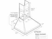 Isometric dimensions diagram of the ELEGANT wall-mount hood showing telescoping chimney height, 6-inch round duct transition, and available widths