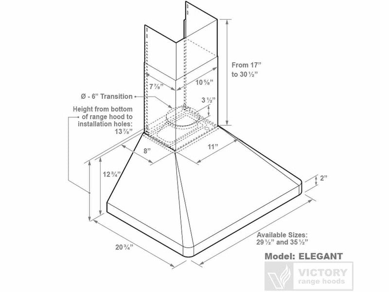 Isometric dimensions diagram of the ELEGANT wall-mount hood showing telescoping chimney height, 6-inch round duct transition, and available widths