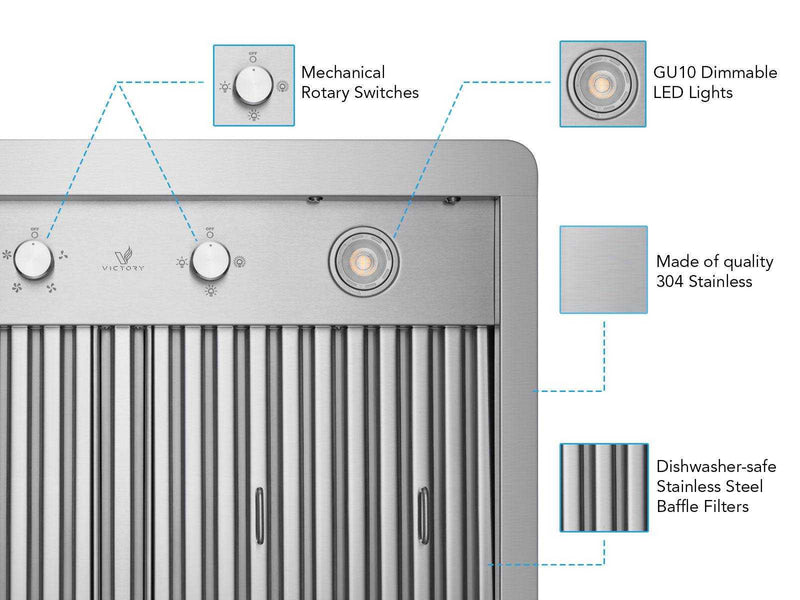 Close-up of 30 Inch 900 CFM Verona range hood controls, showing mechanical rotary switches, GU10 LED lights, and premium 304 stainless steel construction