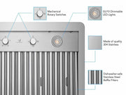 Technical feature diagram of the 36 Inch 600 CFM Wall Mounted Range Hood highlighting its mechanical rotary switches, LED lighting, and 304 stainless steel build