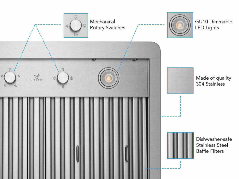 Technical feature diagram of the 36 Inch 600 CFM Wall Mounted Range Hood highlighting its mechanical rotary switches, LED lighting, and 304 stainless steel build