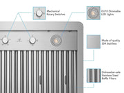 Technical diagram of VICTORY Verona featuring mechanical rotary switches, GU10 dimmable LED lights, and 304 stainless steel baffle filters