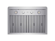 Bird's-eye view of the range hood underside showing the centered VICTORY logo, dual mechanical rotary knobs, and premium baffle filters with easy-grip handles