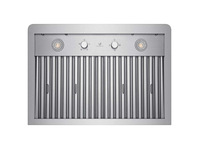 Bird's-eye view of the range hood underside showing the centered VICTORY logo, dual mechanical rotary knobs, and premium baffle filters with easy-grip handles