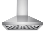 Full view of the VICTORY Elegant 30 Inch Wall Mounted Range Hood, featuring stainless steel baffle filters, mechanical rotary controls, and integrated LED lights