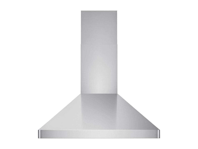 Front view of the VICTORY Elegant 30 Inch Wall Mounted Range Hood, showcasing the sleek, professional stainless steel design and adjustable chimney cover