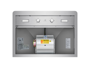 Interior view of the VICTORY Elegant 30 Inch Wall Mounted Range Hood showing the motor, safety warnings, and construction