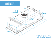 Technical blueprint for the Victory Horizon ceiling hood showing dimensions for the 8-inch duct transition and joist-friendly design