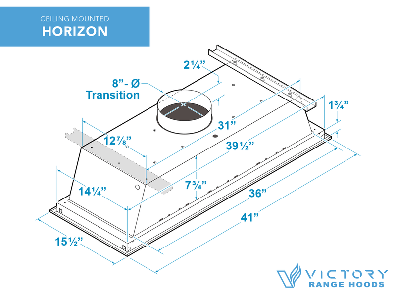 Technical blueprint for the Victory Horizon ceiling hood showing dimensions for the 8-inch duct transition and joist-friendly design