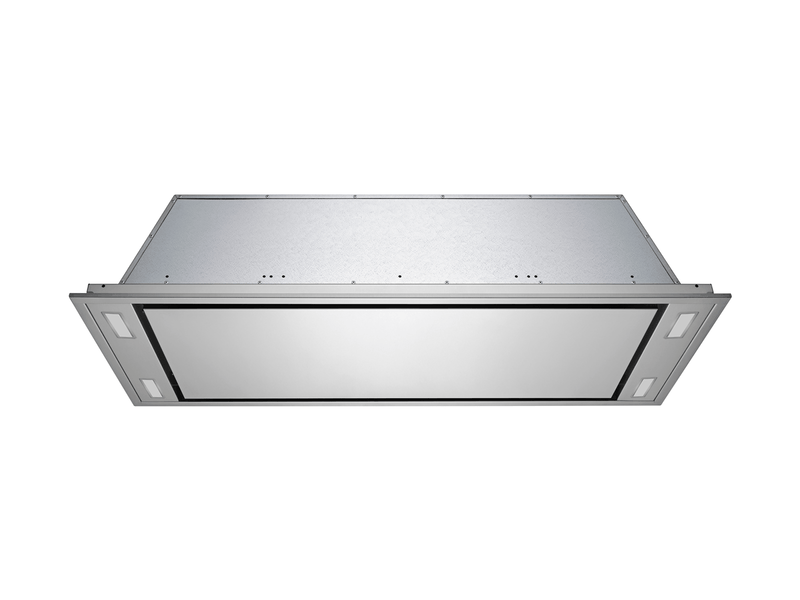 Victory Horizon flush ceiling mount range hood with 900 CFM Power and perimeter suction in brushed stainless steel