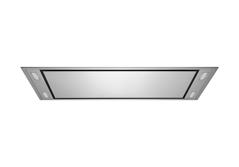 Underside view of VICTORY Horizon range hood showing 900 CFM Power suction gaps with four dimmable LED lights