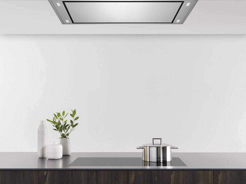 Victory Horizon flush ceiling hood positioned above a minimalist island cooktop showcasing high-performance 900 CFM Power