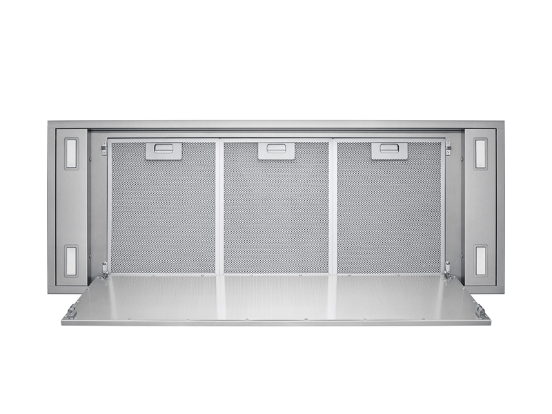 Victory Horizon ceiling hood with perimeter panel open, showing washable aluminum mesh filters for easy maintenance