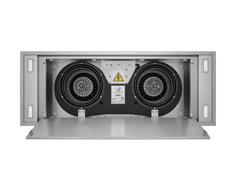 Internal view of the Victory Horizon showing the powerful 900 CFM Power double-motor blower system for high-performance ventilation