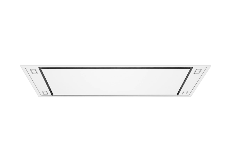 White 900 CFM Flush Ceiling Mount Range Hood in matte white featuring a perimeter suction design and four LED lights