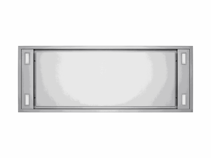 Direct bottom-up view of the Victory Horizon range hood showing four high-intensity dimmable LED lights
