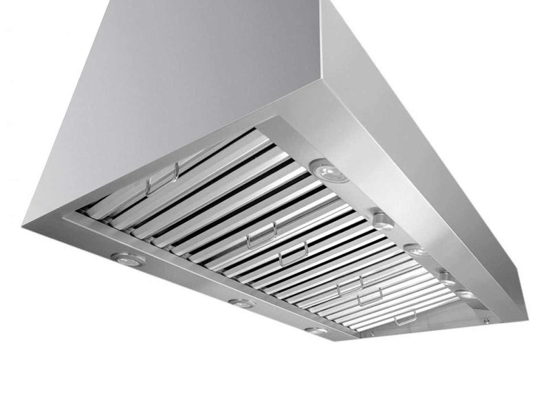 Detailed bottom-up view of the 30 Inch 1200 CFM VICTORY Hurricane, showing the professional deep-canopy capture zone and industrial-grade baffle filters