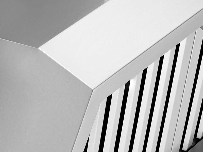 Macro view of the 30 Inch 1200 CFM VICTORY Hurricane's seamless welded corners and premium brushed 304-grade stainless steel finish
