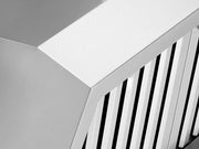 Close-up of VICTORY Hurricane range hood showing premium 304-grade stainless steel body and heavy-duty dishwasher-safe baffle filters