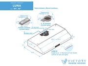 Technical drawing of the Victory Luna showing 30-inch width, 19-inch depth, and 6-inch round top-venting dimensions