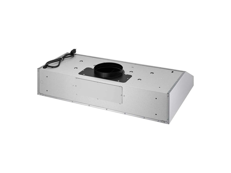 30 Inch 600 CFM Under Cabinet Range Hood top view showing the 6-inch round duct exhaust and durable all-metal construction of the Victory Luna