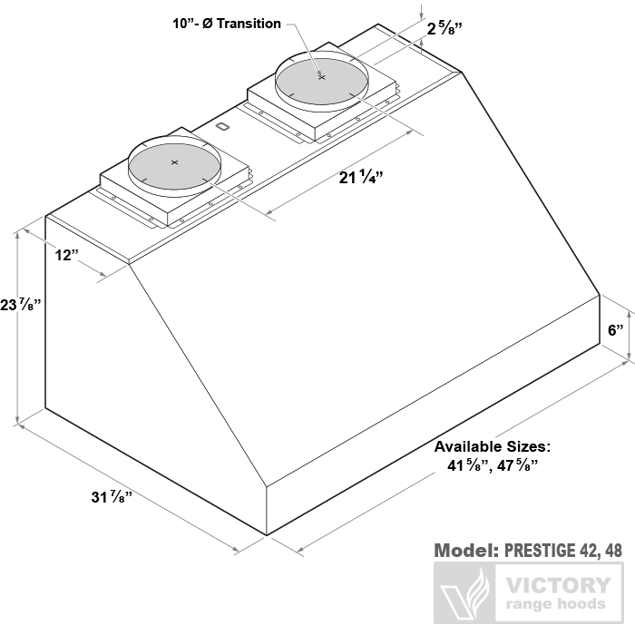 Technical dimensions for the Prestige BBQ hood showing the 32-inch depth and dual 10-inch round ducting transitions