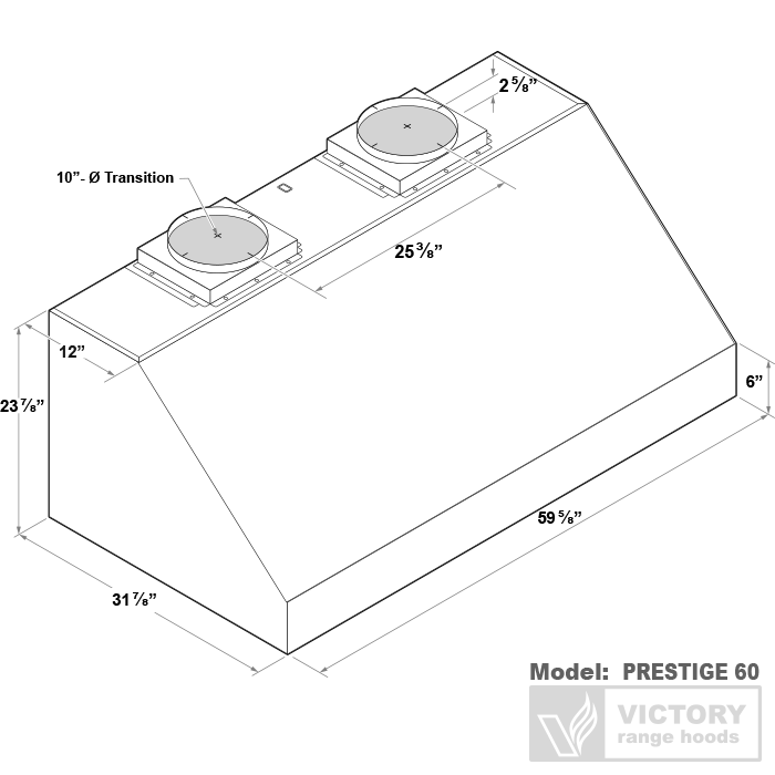 Prestige 60 technical dimensions diagram showing 32-inch depth and dual 10-inch round exhaust for outdoor kitchens