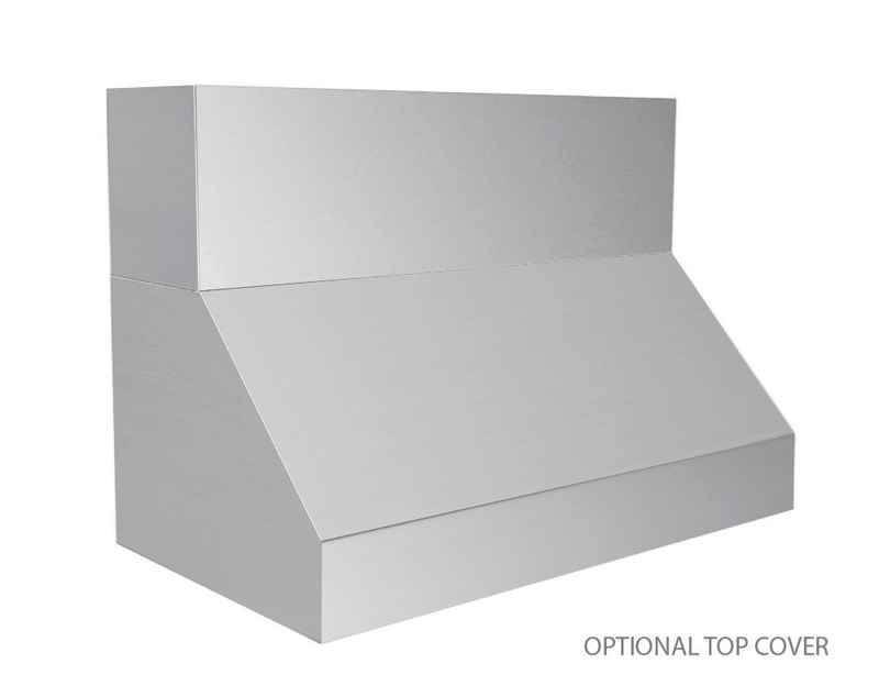 Professional outdoor BBQ range hood shown with an optional stainless steel top duct cover for a seamless finish