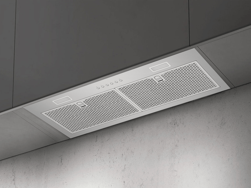 Stainless steel VICTORY Q1 range hood insert in a dark gray cabinet with dual LEDs and push-button controls