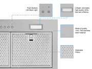 Victory Q1 range hood features diagram highlighting the 4-speed push-button controls, dimmable LED lights, and 19-gauge stainless steel build