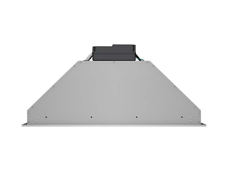 Front view of VICTORY Q1 range hood insert with sleek stainless steel face and centered push-button controls